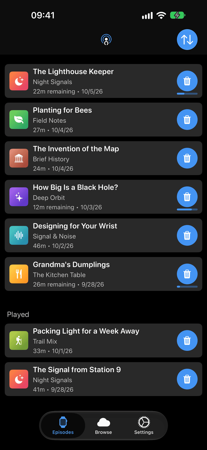 The Outcast iPhone app showing a list of episodes