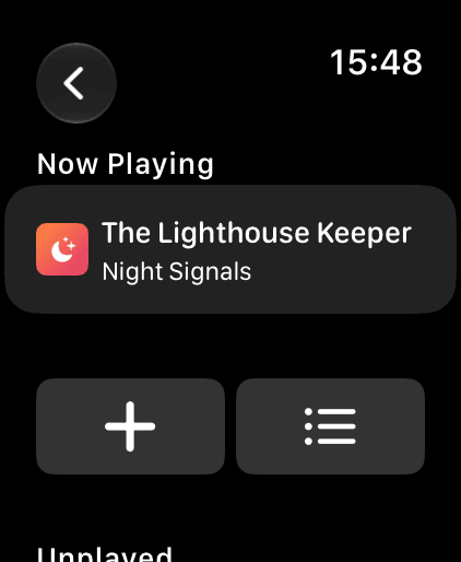 A list of downloaded episodes on Apple Watch