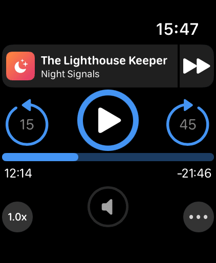 Now Playing on Apple Watch, with skip buttons and progress